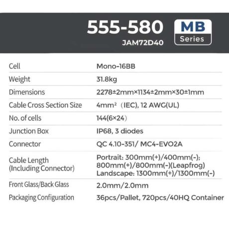 แผงโซล่าเซลล์ JA Solar ขนาด 580 วัตต์ 30 มม. (N-Type)