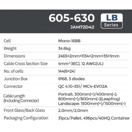 แผงโซล่าเซลล์ JA Solar ขนาด 620 วัตต์ 35 มม. (N-Type)