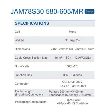 แผงโซล่าเซลล์ JA Solar ขนาด 595 วัตต์ 35 มม.(P-Type)